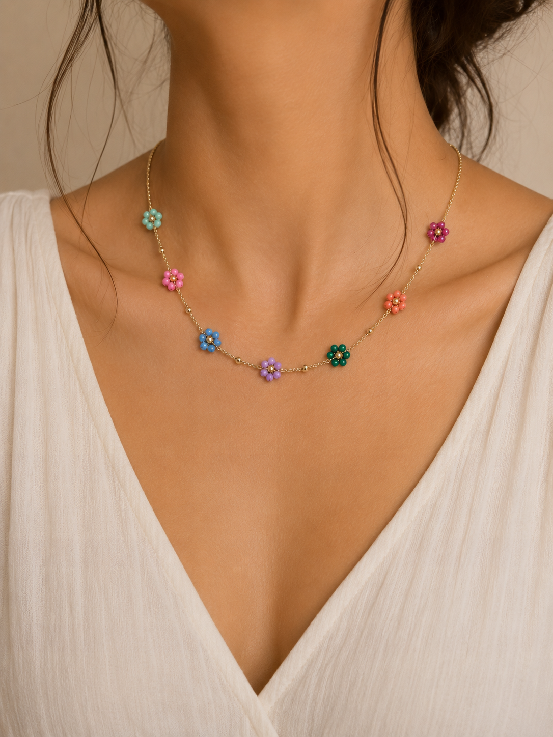 Fruits of the Spirit7 Color Glass Beaded Flowers 18K Gold Plated Ss Necklace